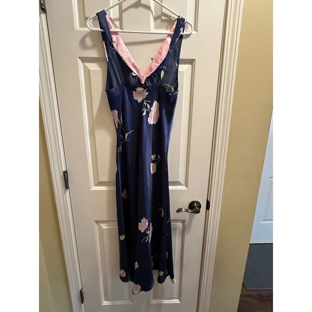 Vintage Jones New York Satin Long And Short Nightgown Lingerie Blue Floral Small